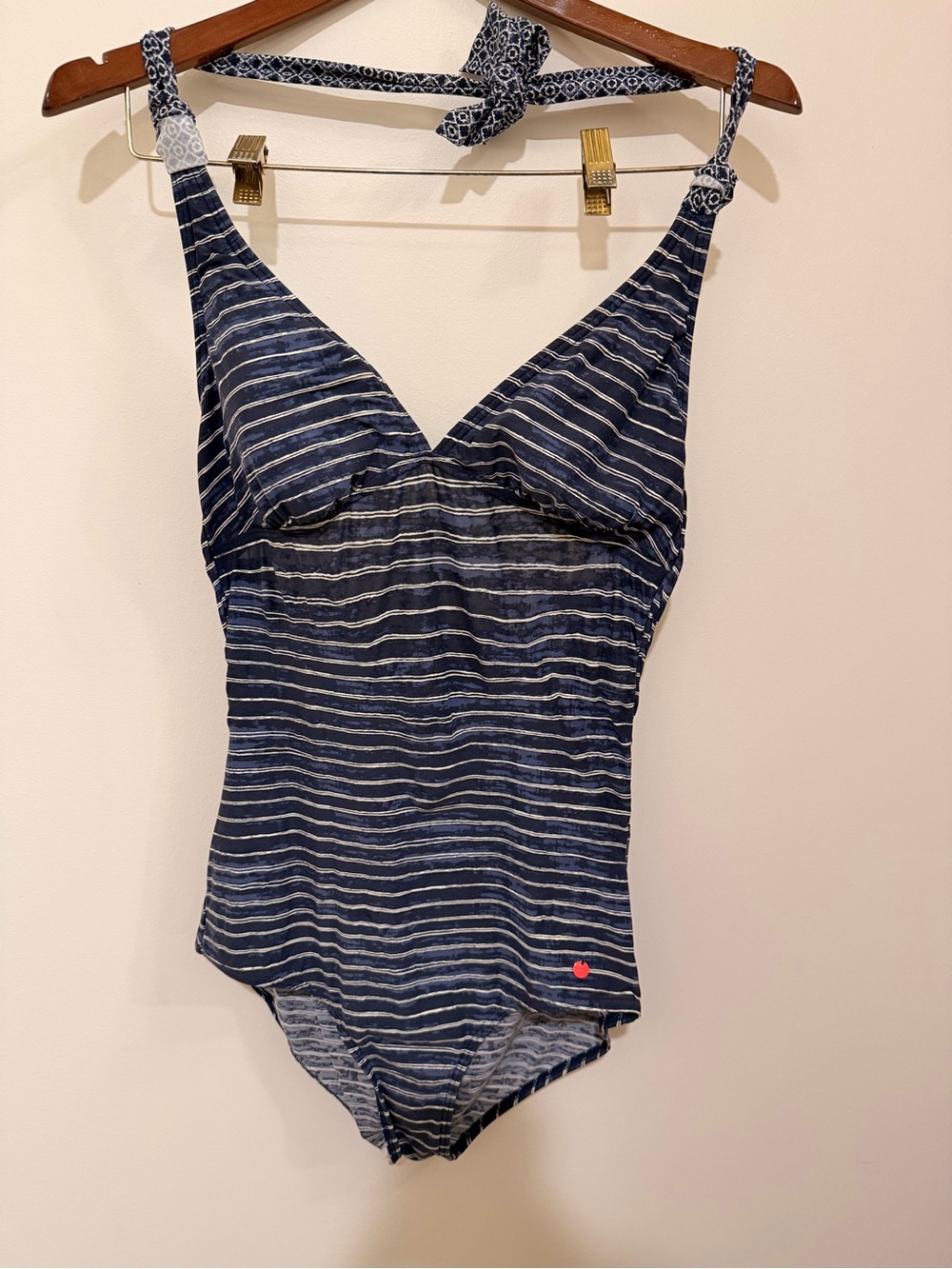 Esprit Navy and White Striped Top with Red Logo Tag Size L